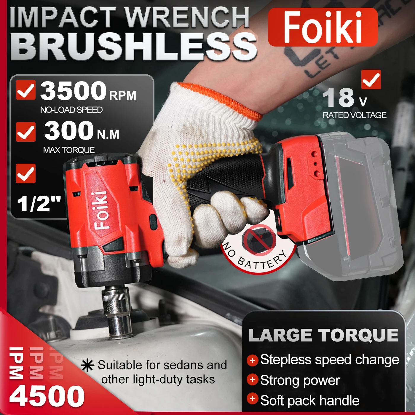 Foiki 300N.M Brushless Electric Wrench 1/2 inch Cordless Impact Wrench Electirc Screwdriver Drill 18V Battery Prower Tool