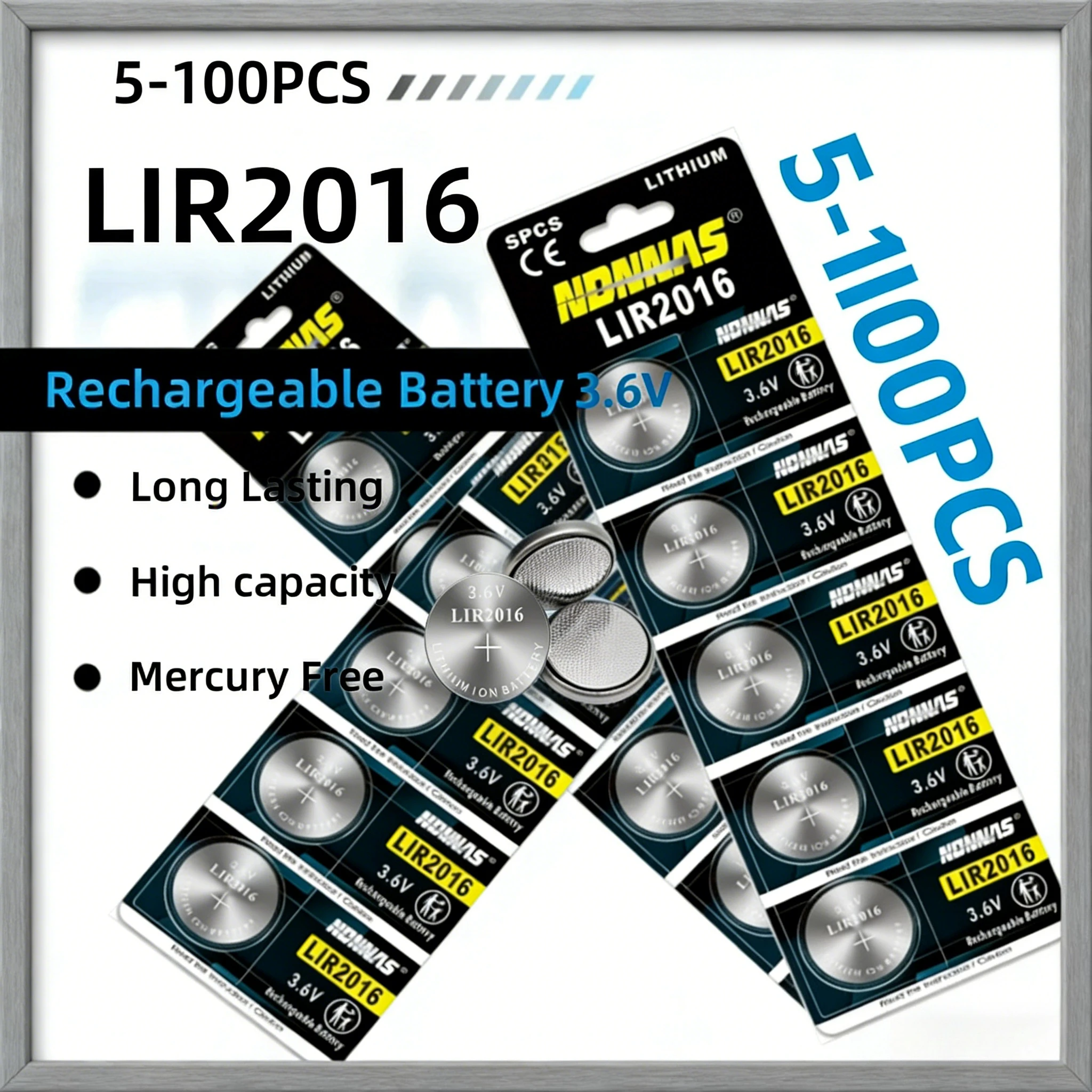 

Battery LIR2016 3.6V 20mAH Rechargeable Lithium Coin Cell for Calculator Toys Remotes Long Power Life CR2016 Button Cell