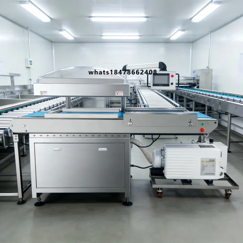 Automatic Conveyor Food Carne Meat Cheese Production Line Continuous Chamber Belt Vacuum Packing Machine with Shrink Tunnel