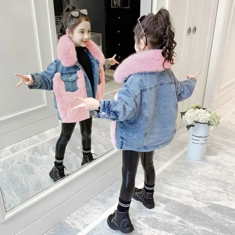 2024 Winter Jeans Jackets Girls Plush Velvet Warm Parka Children Outerwear Cashmere Cotton Coat Kids Fashion Denim Tops XMP518