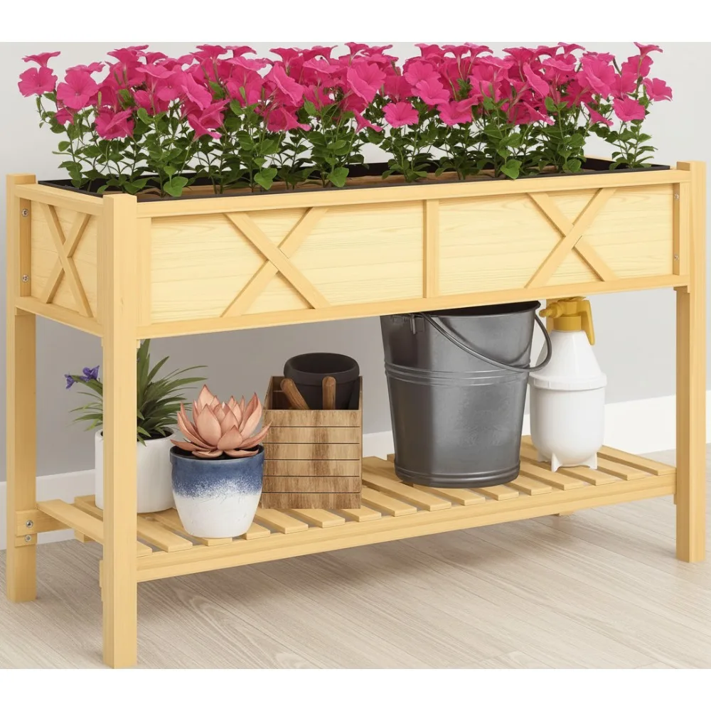 

Elevated Wood Planter Box with Storage Shelf, Drainage Holes & Liner for Backyard, Patio, Balcony Gardening