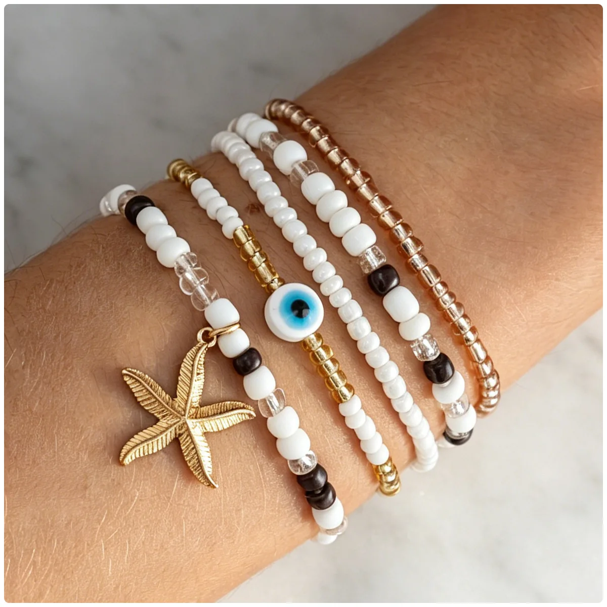 Bracelet Evil Eye Starfish Beaded Elastic Stackable Colorful Bohemian for Vacation Comfortable Durable Lightweight