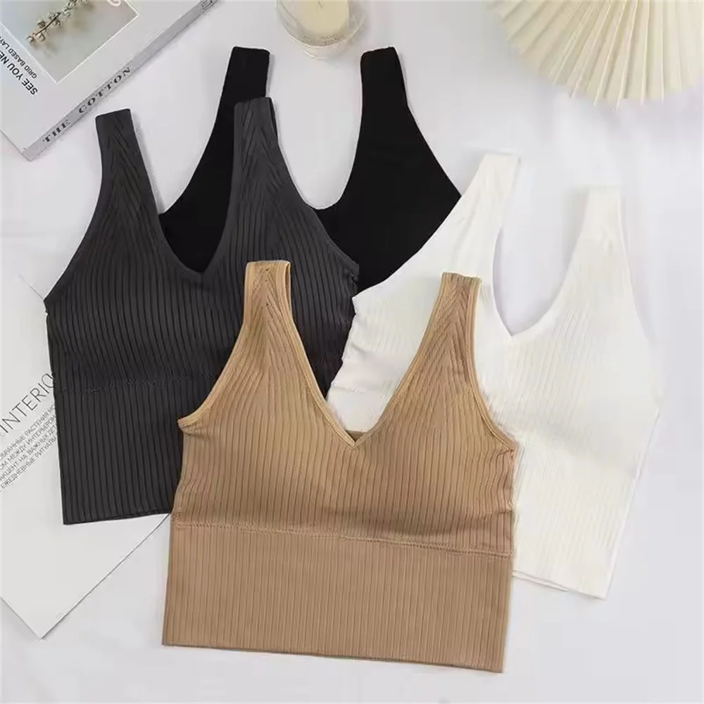 Women Seamless Bra Camisole Underwear Crop Top Free Size Black Khaki Green Vertical Stripe Girl Breathable Sports Fitness Yoga
