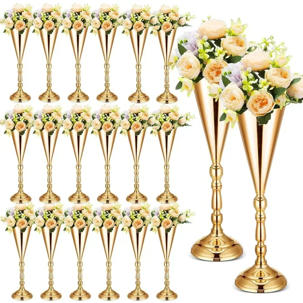 Tall Gold Vase ,16.5 Inches ,20 Pcs ,Wedding Flower Trumpet Vase Tabletop Stand Table Decorative Centerpiece Metal Flower Vase