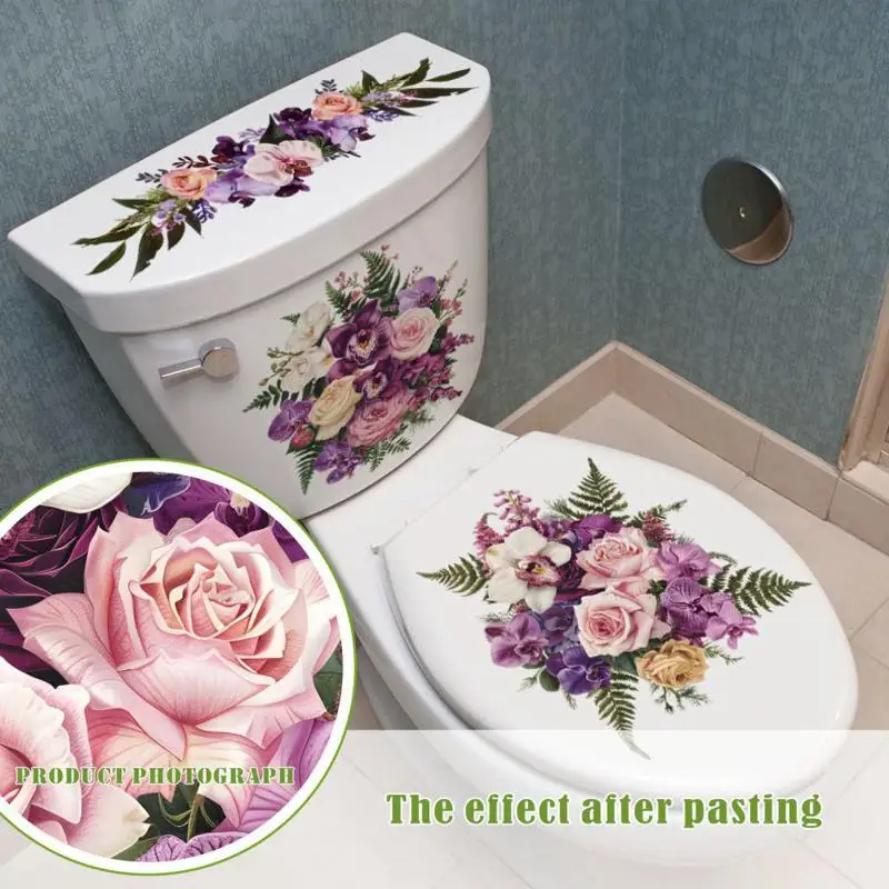 1Set Toilet Sticker Flower Sticker Bathroom Self-adhesive Painting Waterproof Sticker Toilet Cover Bathroom Wall Sticker