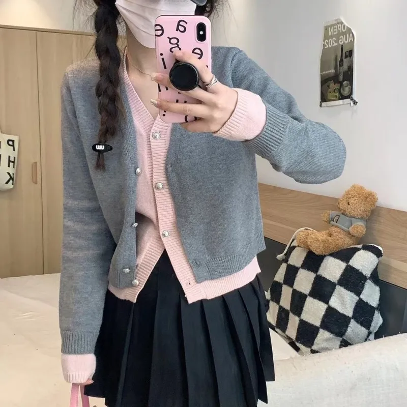 

Women's Korean Style Polyester Fiber Medium Thickness Casual Elegant Fashion Soft Spliced V-Neck Knitted Open Cardigan