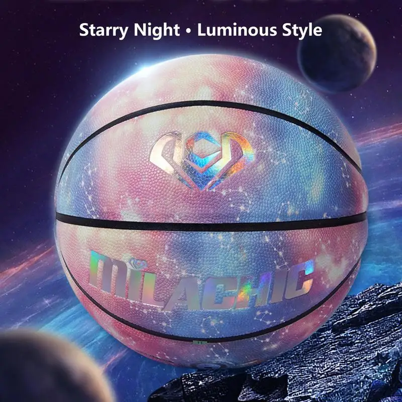 ホログラフィックブライトバスケットボール用品、耐摩耗性、PUトレーニング、子供、学生、大人、屋外、屋内向けバスケットボール用品