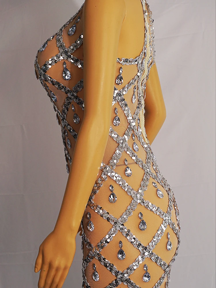 Vestido de sirena con piedras plateadas, ropa sin mangas con cuello Halter, para baile de salón, Festival de noche, fiesta de graduación,