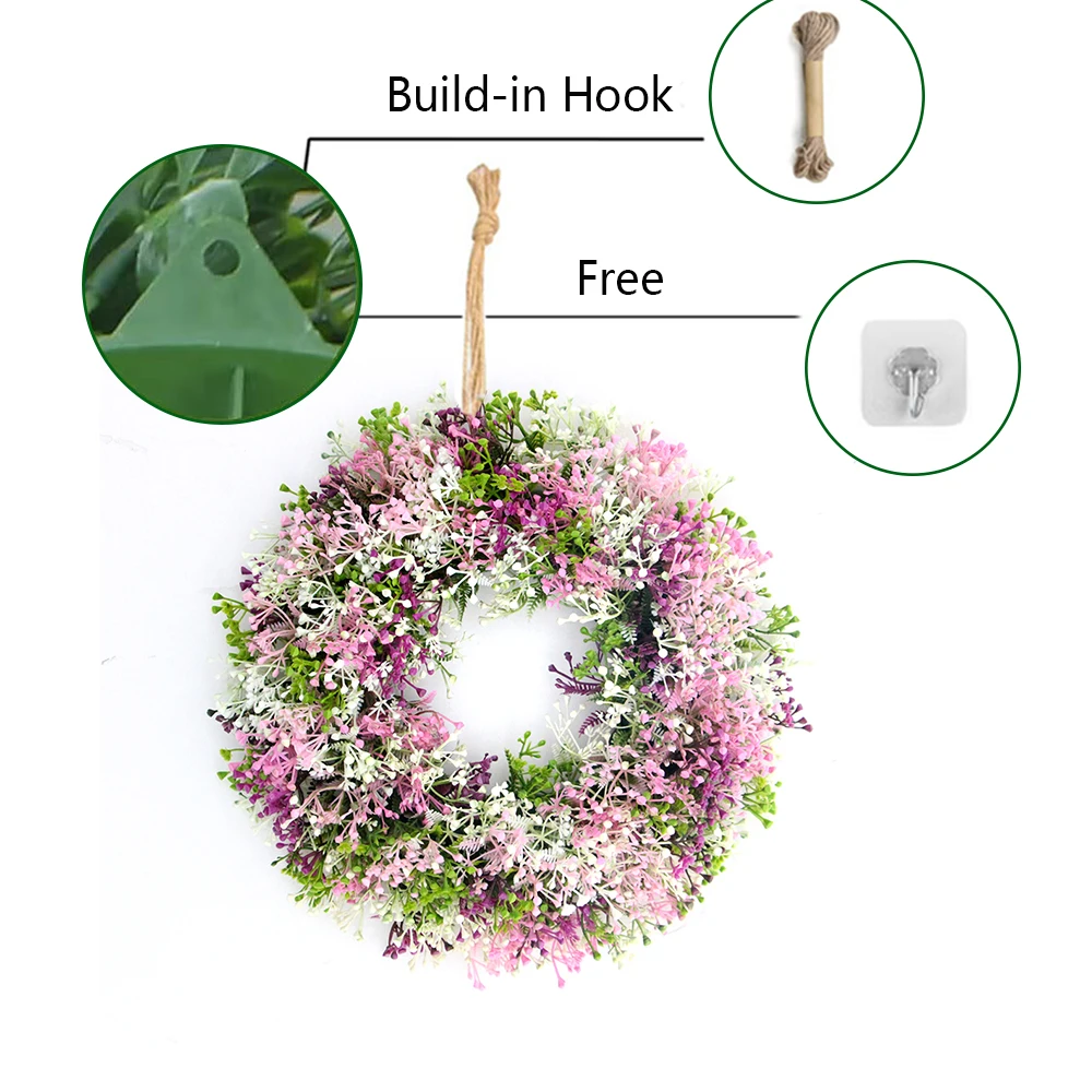 1PC Spring Wreath for Front Door,14.17in Pink Flowers And White Leaves Wreath for Indoor and Outdoor Decor