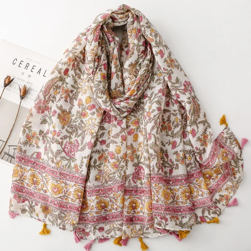 Modischer Bohemian Blumen-Quasten-Schal aus Baumwolle und Viskose, Hochwertiger Damen-Wickelschal, Pashmina-Stola, Bufandas, Muslimischer Hijab 180*90cm