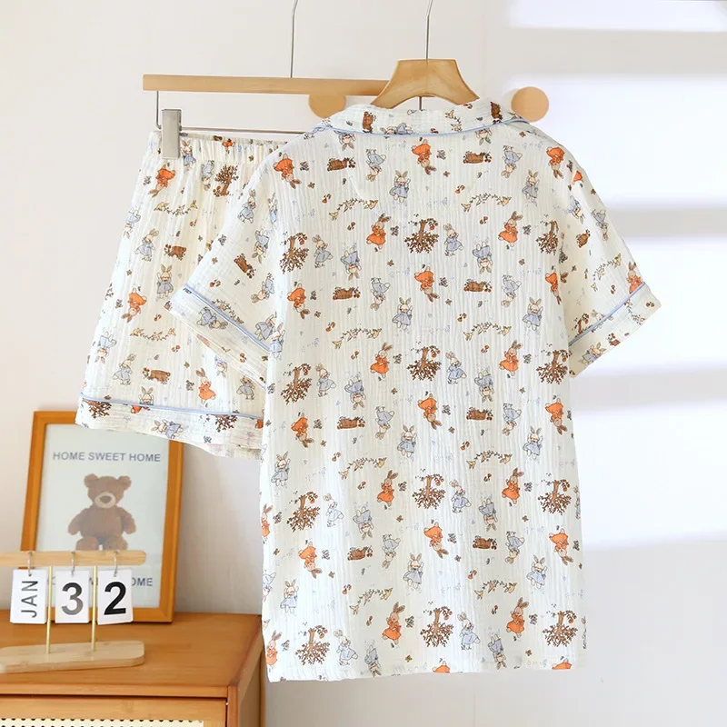 2025 新しい夏の女性のパジャマセット綿 100% クレープ大半袖ショーツツーピースホーム服パジャマレディース