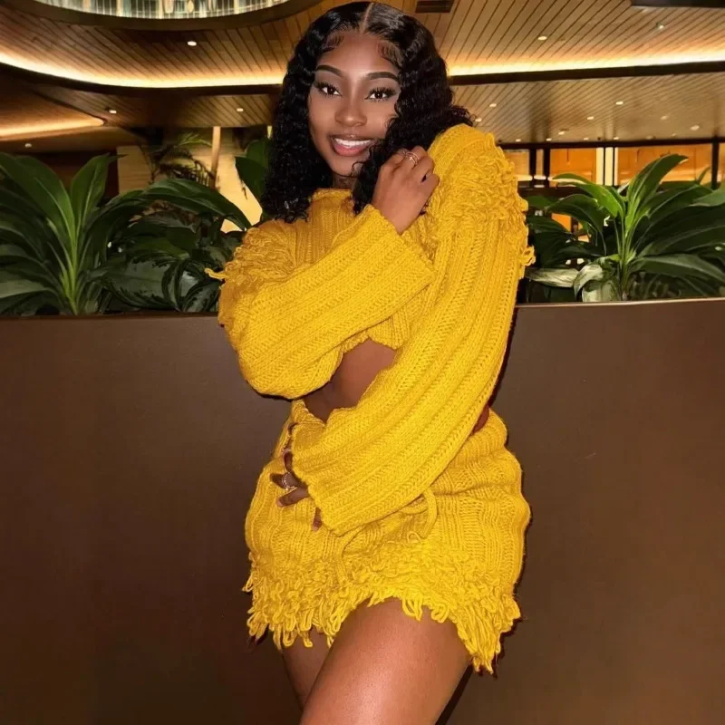 

2025 осень-зима с кисточками в стиле пэчворк, вязаный комплект из 2 предметов, женский однотонный кардиган с длинными рукавами, укороченные топы + мини-юбки, костюмы-свитера