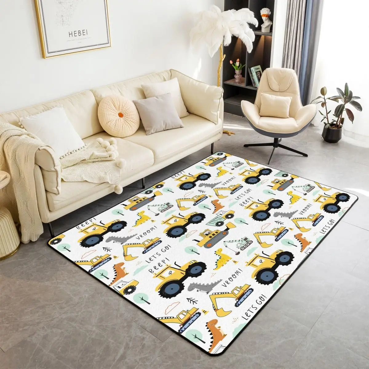 Cartoon Car Kids Area Rug for Bedroom Living Room, Construction Vehicles Indoor Floor Mat for Boys Girls Teens, Dinosaur Yellow