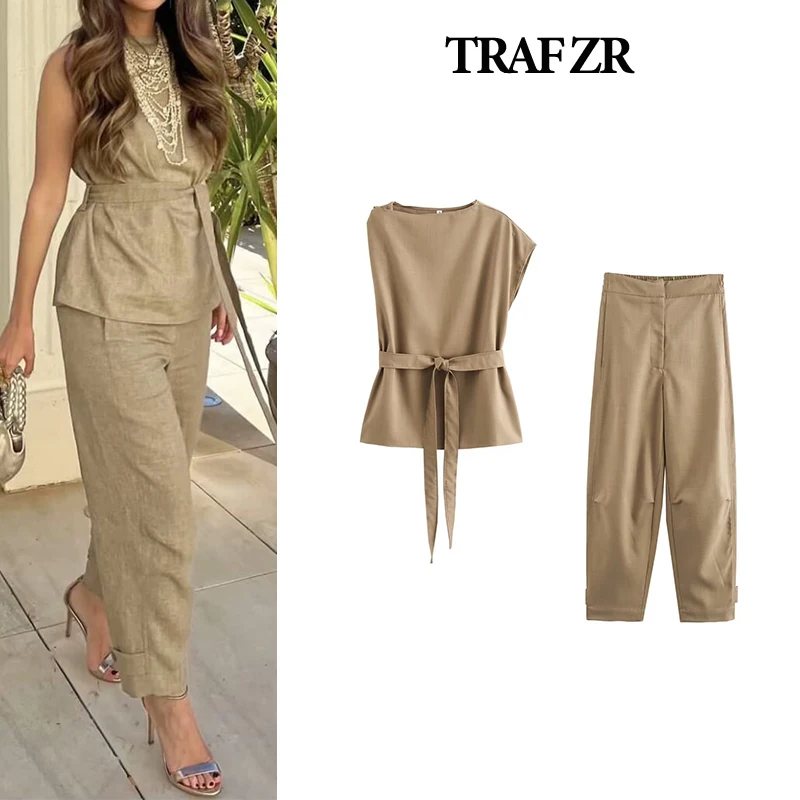 TRAF ZR Khaki Sets for Women 2 Pieces Elegant Minimalist Cozy Sets of Two Pieces for Modern Women Korean Style Two Piece Set