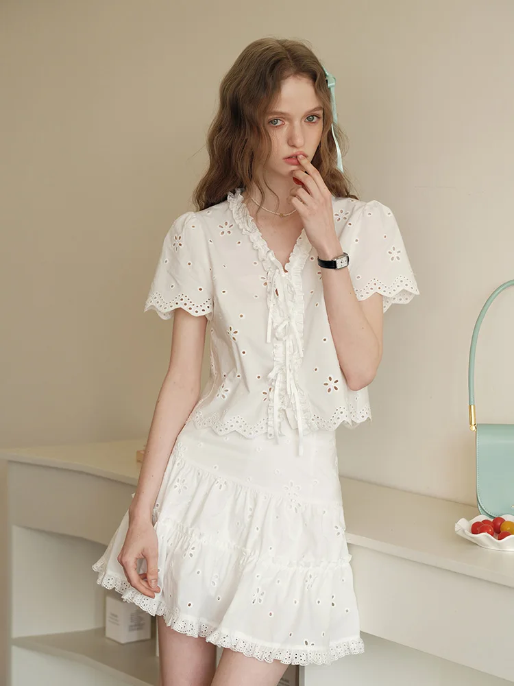 Pure Cotton Embroidered Hollow out V-Neck Top with A-Line Skirt Women's Summer Fashion Set White Lace Shirt Dress