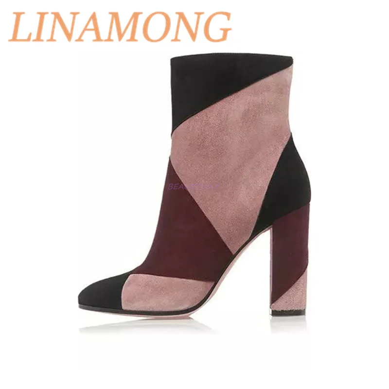 متعدد الألوان المرقعة الجلد المدبوغ أحذية قصيرة الخريف والشتاء وأشار كعب سميك وسحاب جانبي تصميم عالية الكعب أحذية الموضة