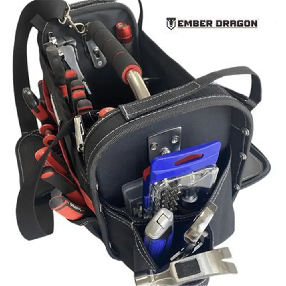 New Ember Dragon Oxford Cloth Tool Bag with Open Steel Handle Shoulder Strap Pockets Heavy Duty Reinforced Material Electrician