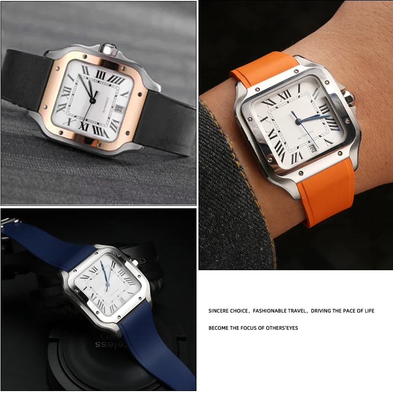 For Cartier New Santos Quick Release Rubber Strap W2SA0006 WSSA0009 WSSA0018 Medium Santos Viton  Fluororubber Watchband 21mm