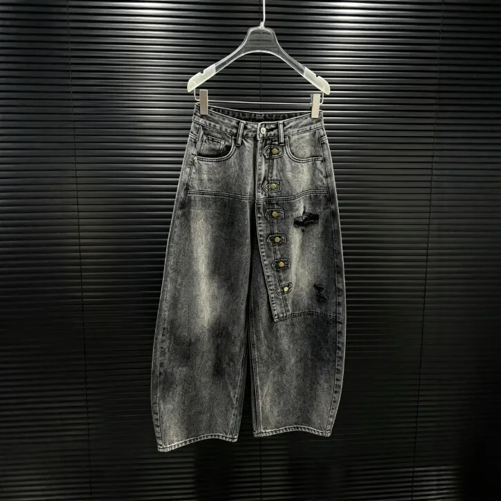 Washed Finish High Waist Jeans Streetwear with No Stretch Autumn Ripped Regular Thickness Loose Fit Straight Leg Women Jeans