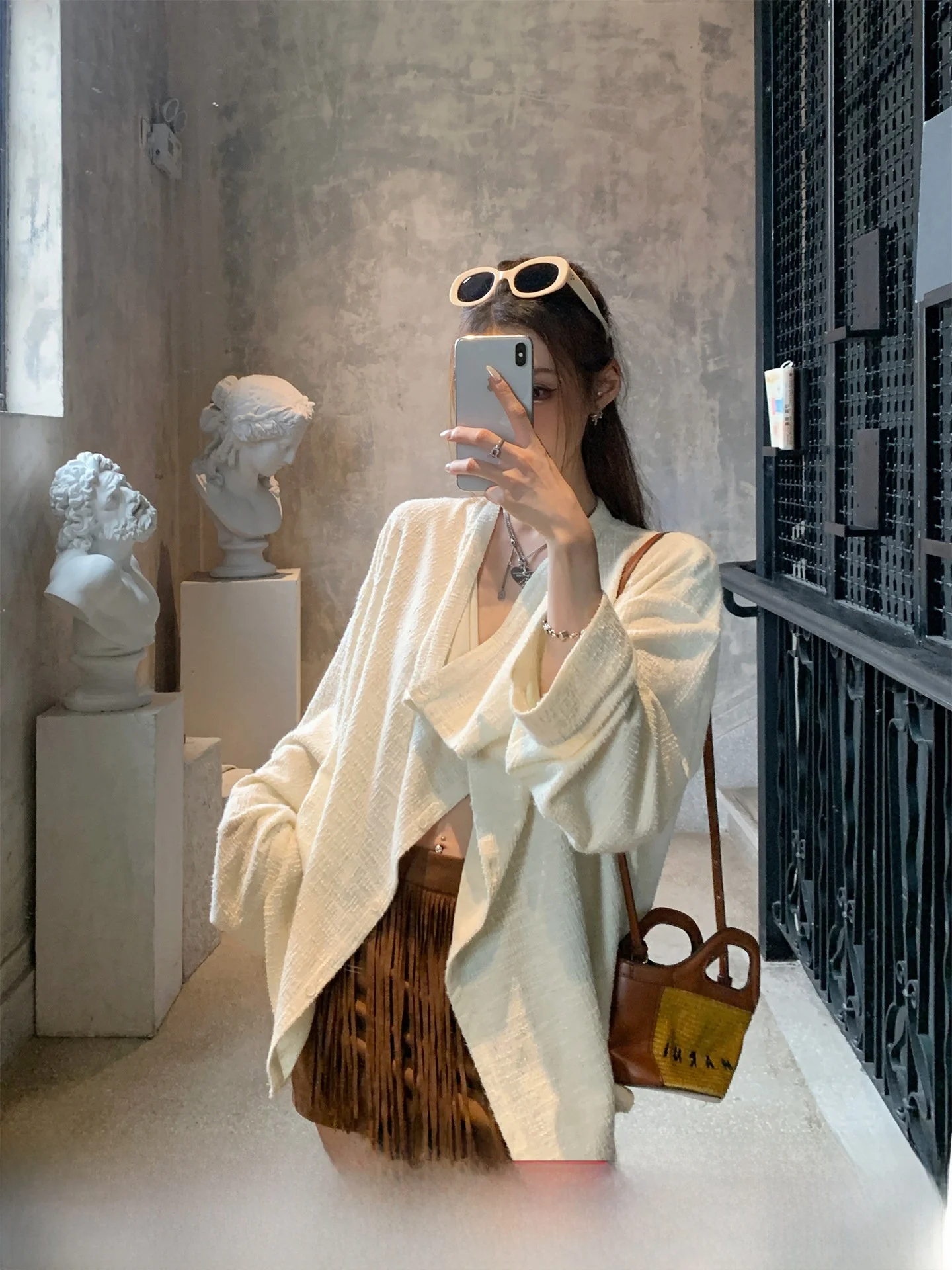 

GV Lazy Texture Particle ort Jaet oulder awl Collar Vest Autumn New Sle Versatile Long Sve Button Pure Color Wom...