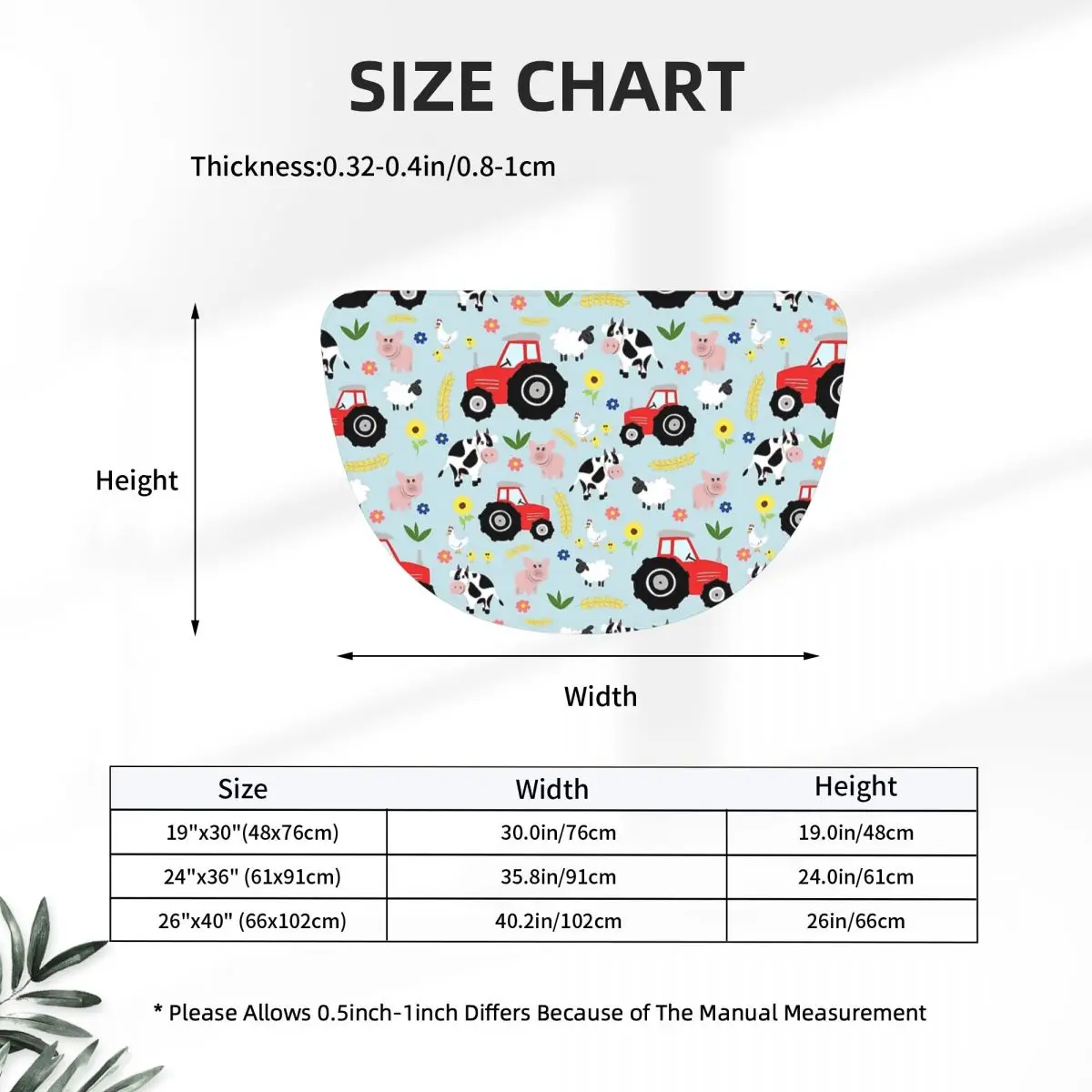 Cute Kids Red Tractor Farm Animal Pattern Half Round Doormat Non Slip Bathroom Mat Absorbent Floor Carpet for Laundry Room