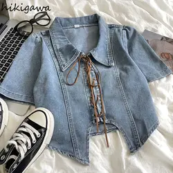 Y2k Denim Blouse Women Clothing Crop Tops Bandage Short Sleeve Vintage Shirts 2024 Blusas Mujer De Moda Fashion Casual Blouses