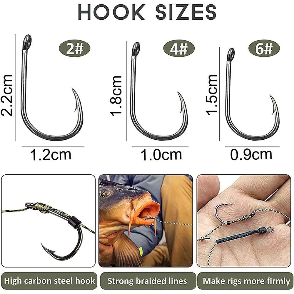 6Pcs Carp Fishing Hair Rigs Boilie Rig Braided Thread Leader Line with Hair Extender Bait Stoppers Carp Hooks Swivels Sleeves