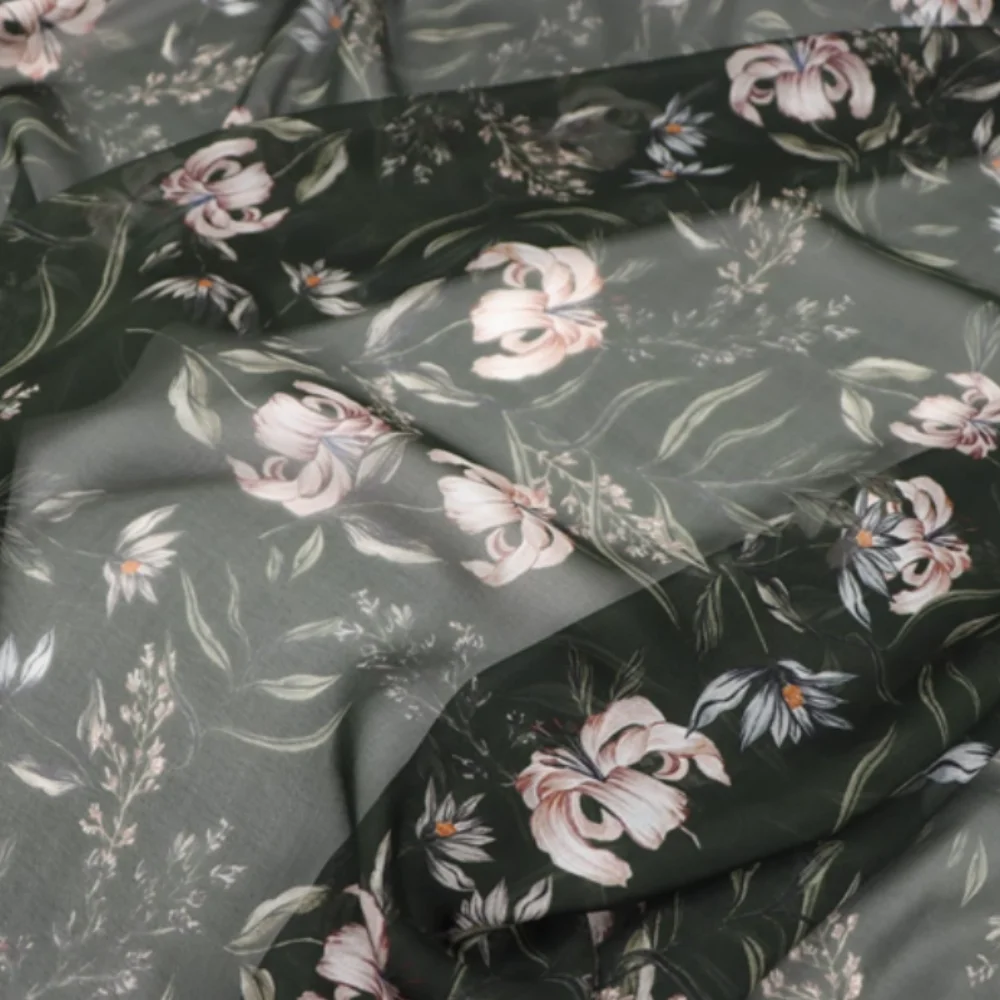 مسود الأخضر الوردي زهرة الزنبق المطبوعة لينة 100% نسيج الشيفون الحريري للفتيات النساء رحلة تنفس الملابس فستان وشاح