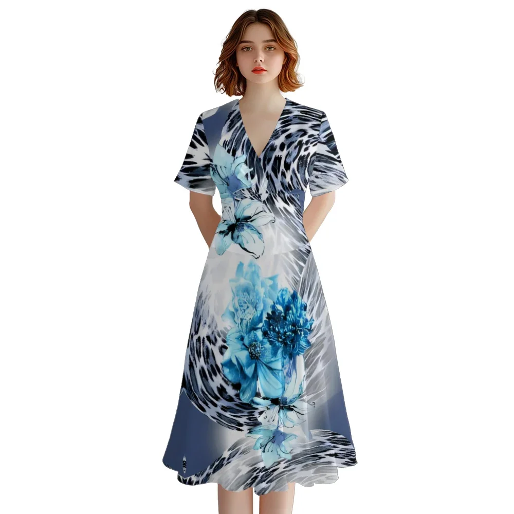 Robe d'été à fleurs pour femmes, col en V, ligne A, robes de soirée élégantes