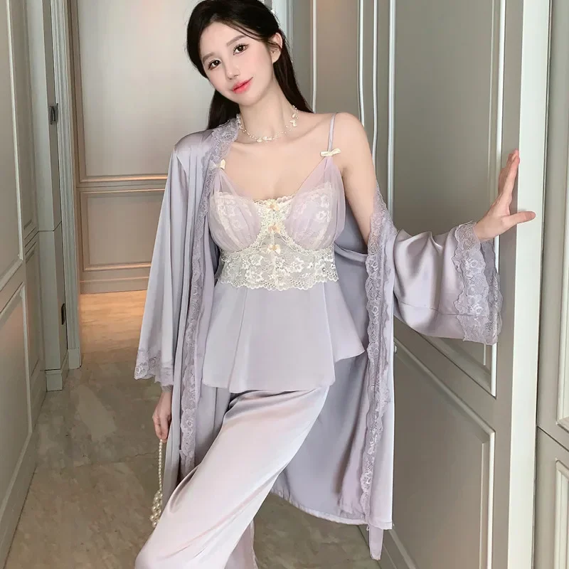 

Court Style Lace Women Pajamas Set Lingerie Spring Autumn Mesh Pijamas Suit Loungewear Casual Lady Sleepwear Rayon Home Clothes