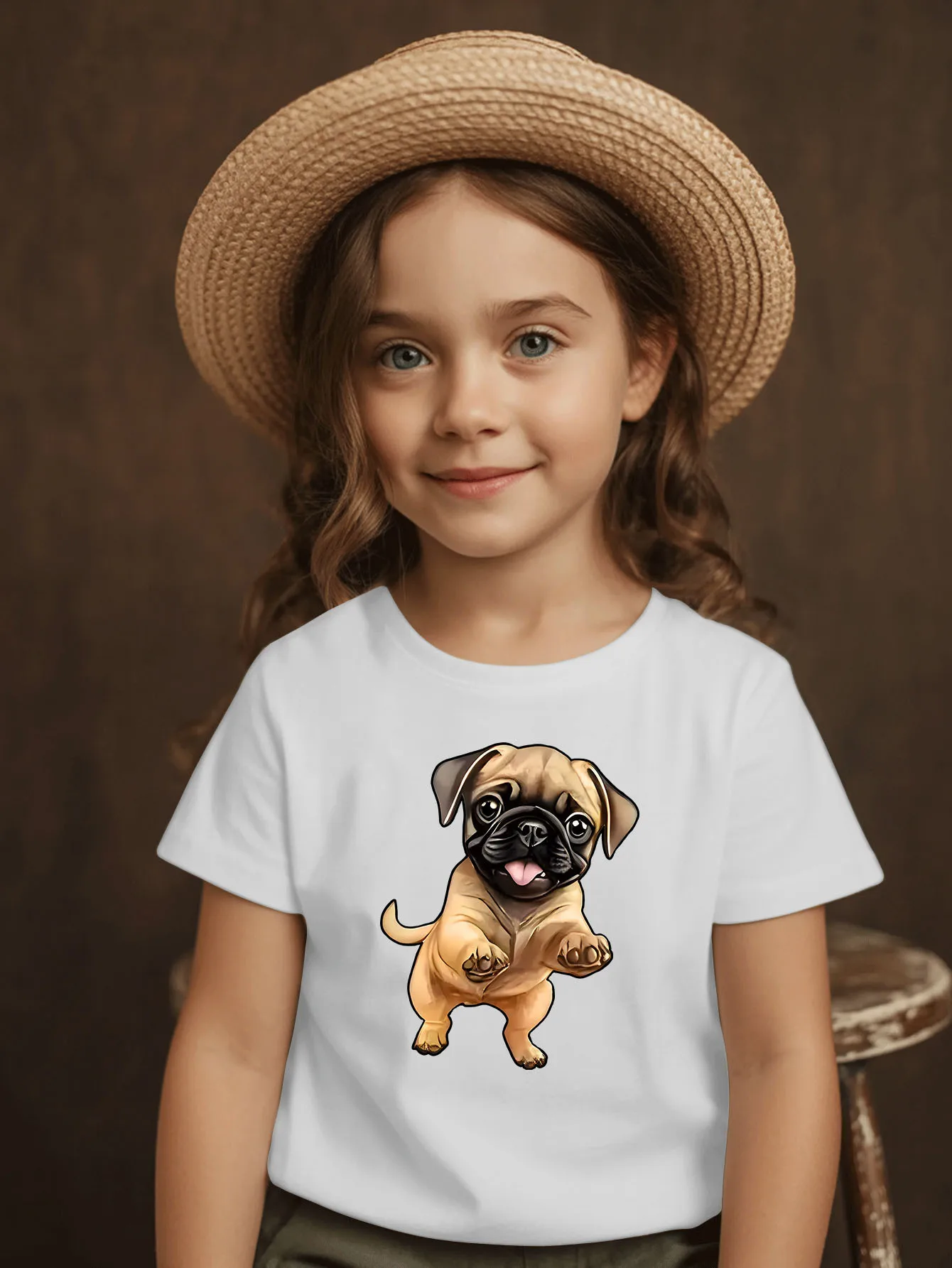 Cute Playful Pug Puppy Cartoon Print Kids Tees Soft Casual Short Sleeve Tops For Little Girls Spring Summer Daily Outfits