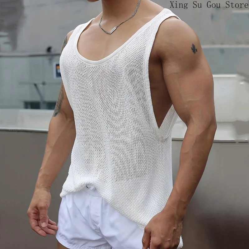 White Mesh Cutout Blazer Outdoor Sports Basketball Breathable Sleeveless T-shirt Men's Summer Thin Sleeveless Men's Vest