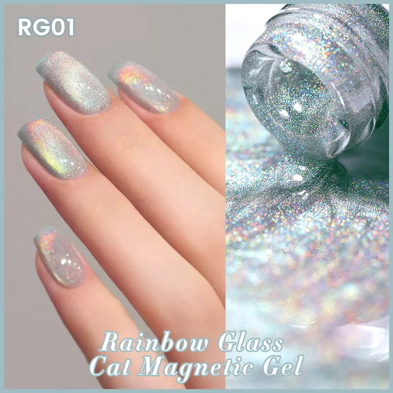 BORN PRETTY 10ml Rainbow Glass Cat Magnetic Nail Gel Polish Sparkling Double Light Reflective Glitter Colorful Laser Varnish