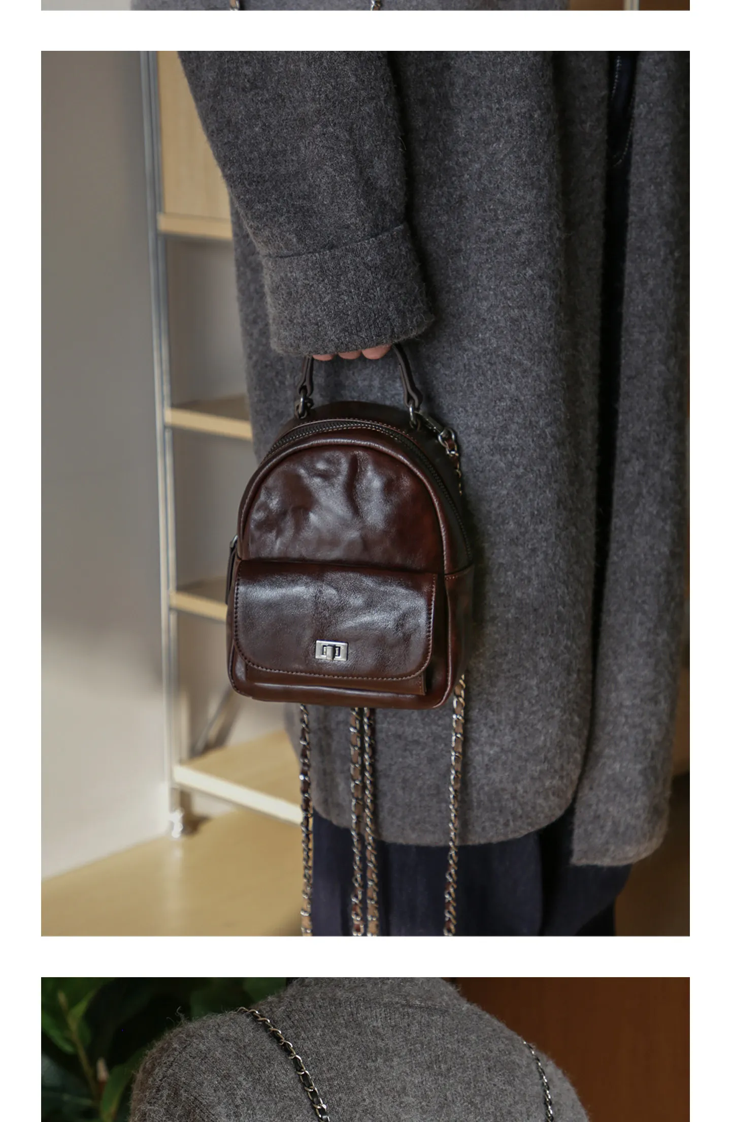 Einfacher Vintage-Luxus-Rucksack aus Rindsleder für Damen, kleine modische Organizer-Tasche, handgefertigt, hochwertige Damen-Büchertasche aus echtem Leder – Detail 7