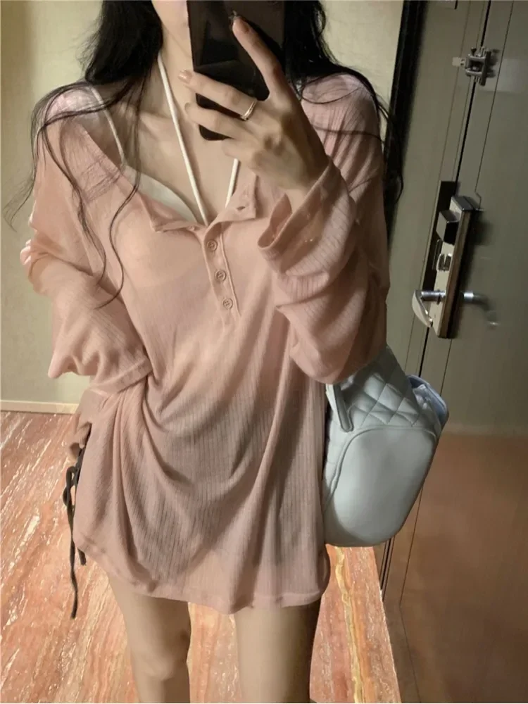 Koreanisches Pure Love Dünnes T-Shirt für Damen, Sommer-Neuheit, Modischer Trägerrock mit Sonnenschutz, V-Ausschnitt, Langarm, Lockeres Damen-Oberteil
