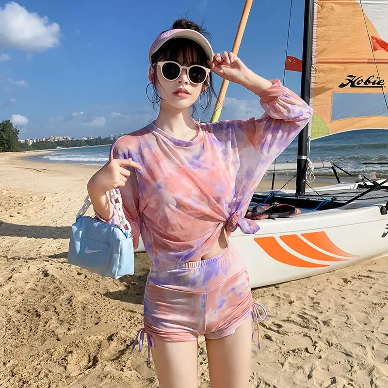 Summer Autumn Elegant Fashion Y2K Sexy Bikinis Suits Lady Korean Harajuku Three-piece Set Swimwear Long Sleeve Swimsuits Women