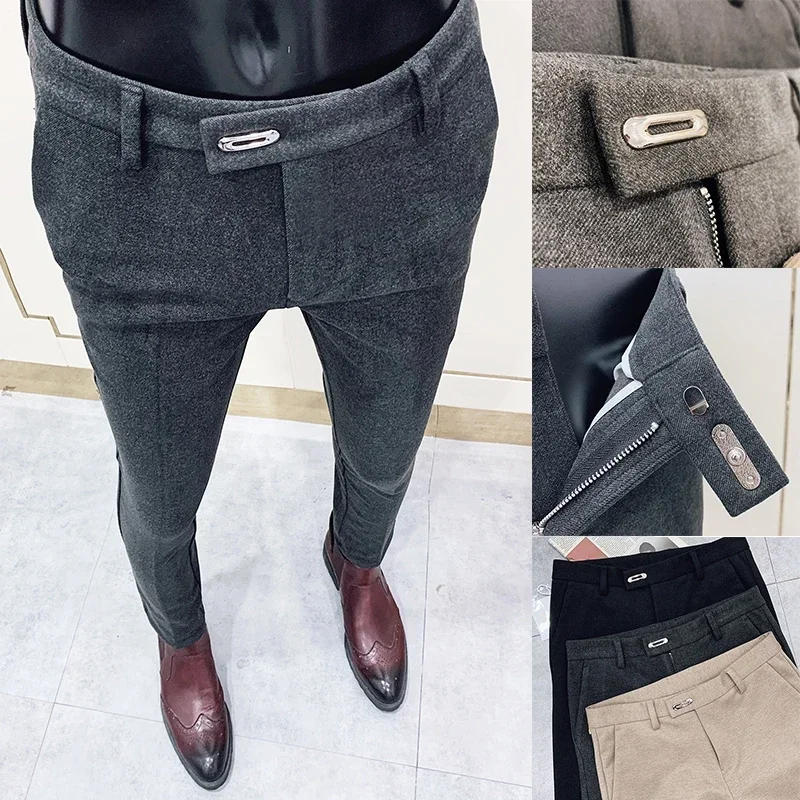 Calça de terno de lã espessa masculina, calça quente justa, negócios formais, escritório, social, vestido casual, outono, inverno, 2023