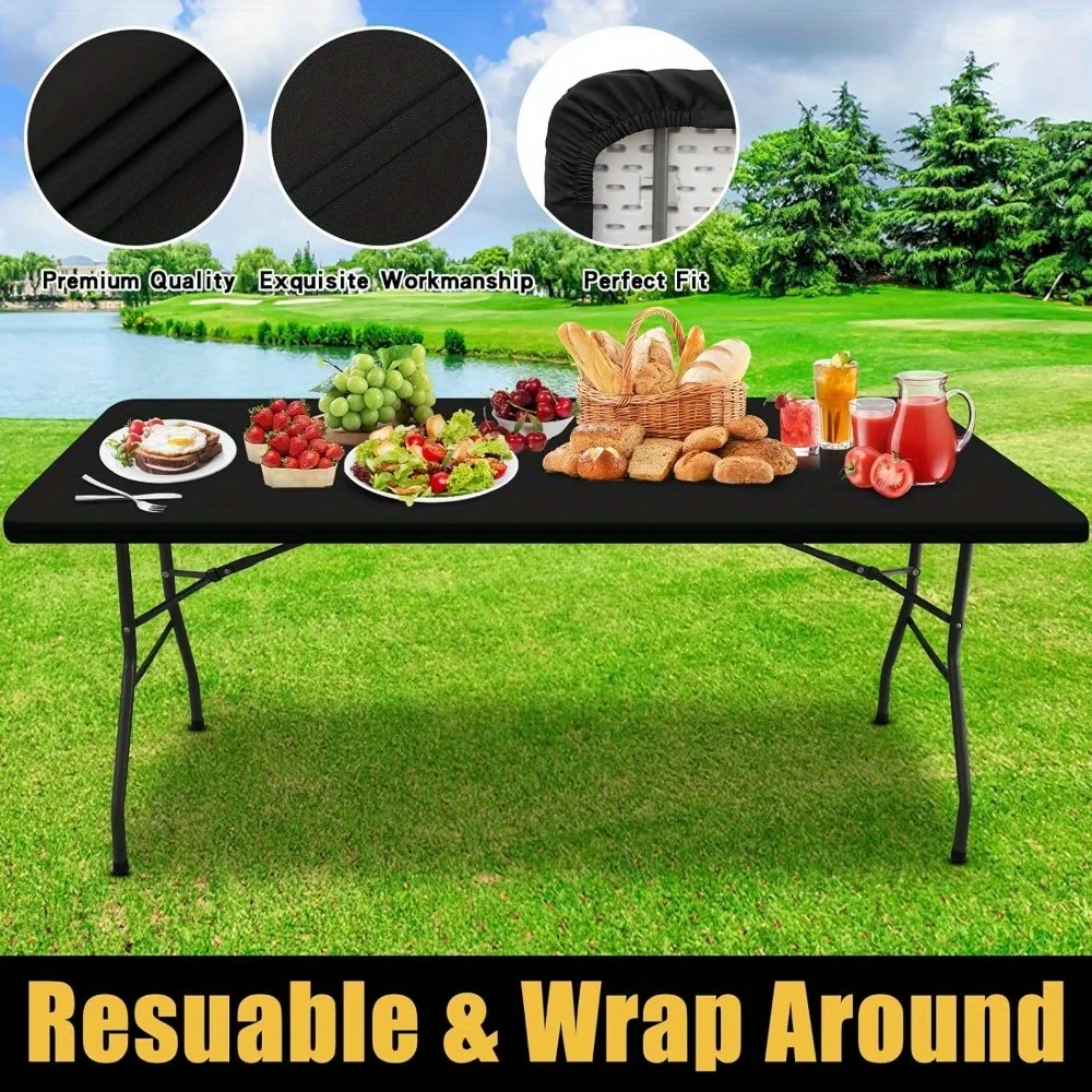 Rectangle Picnic Table Cloth, Waterproof Elastic Fitted Tablecloths for 6 Foot Tables, Washable Polyester Table Cover