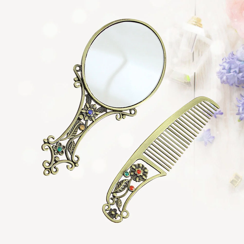 Exquisite Hollow-out Makeup Mirror Comb Set Hand Mirrors With Handle Portable Metal Mirror Hair Gifts for Woman Lady (Mixed