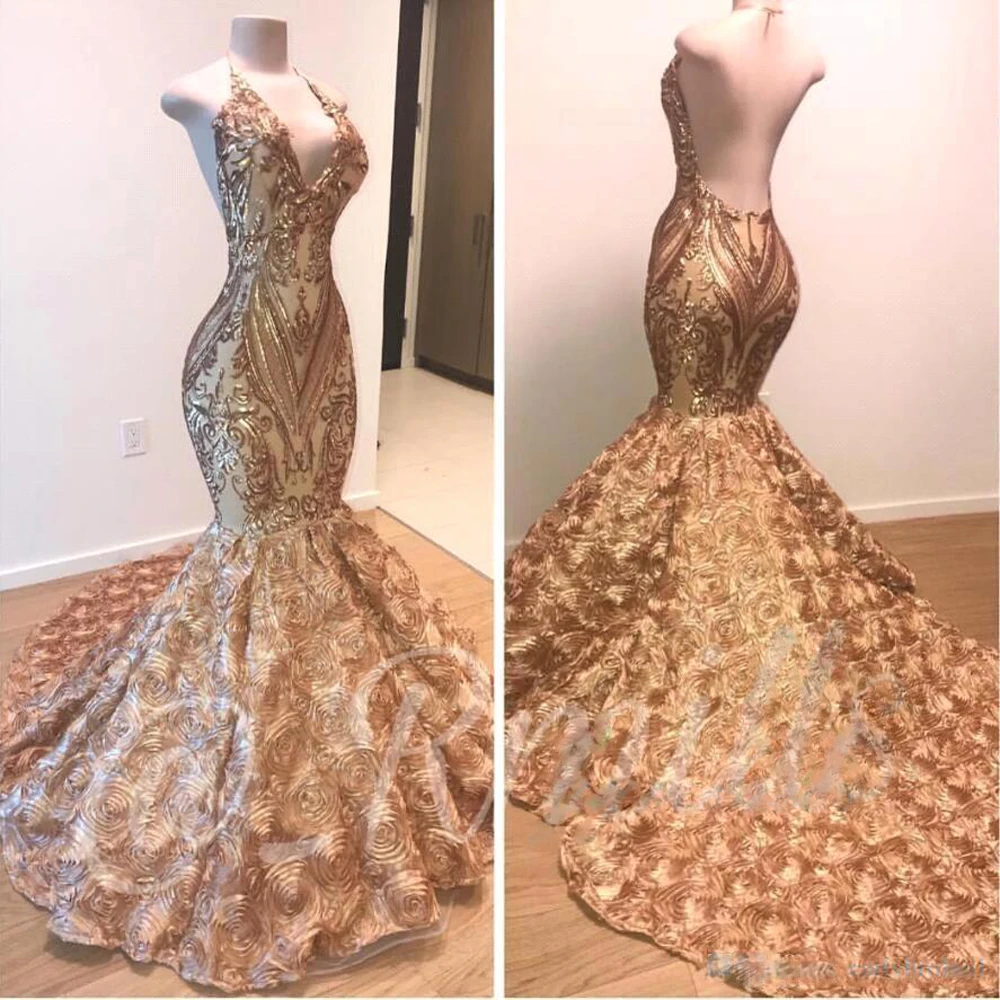 Latest Design Ruffled Hem Prom Dresses Mermaid Halter Sexy V Neck Sequin Lace Backless Evening Party Celebrity Gowns Customized