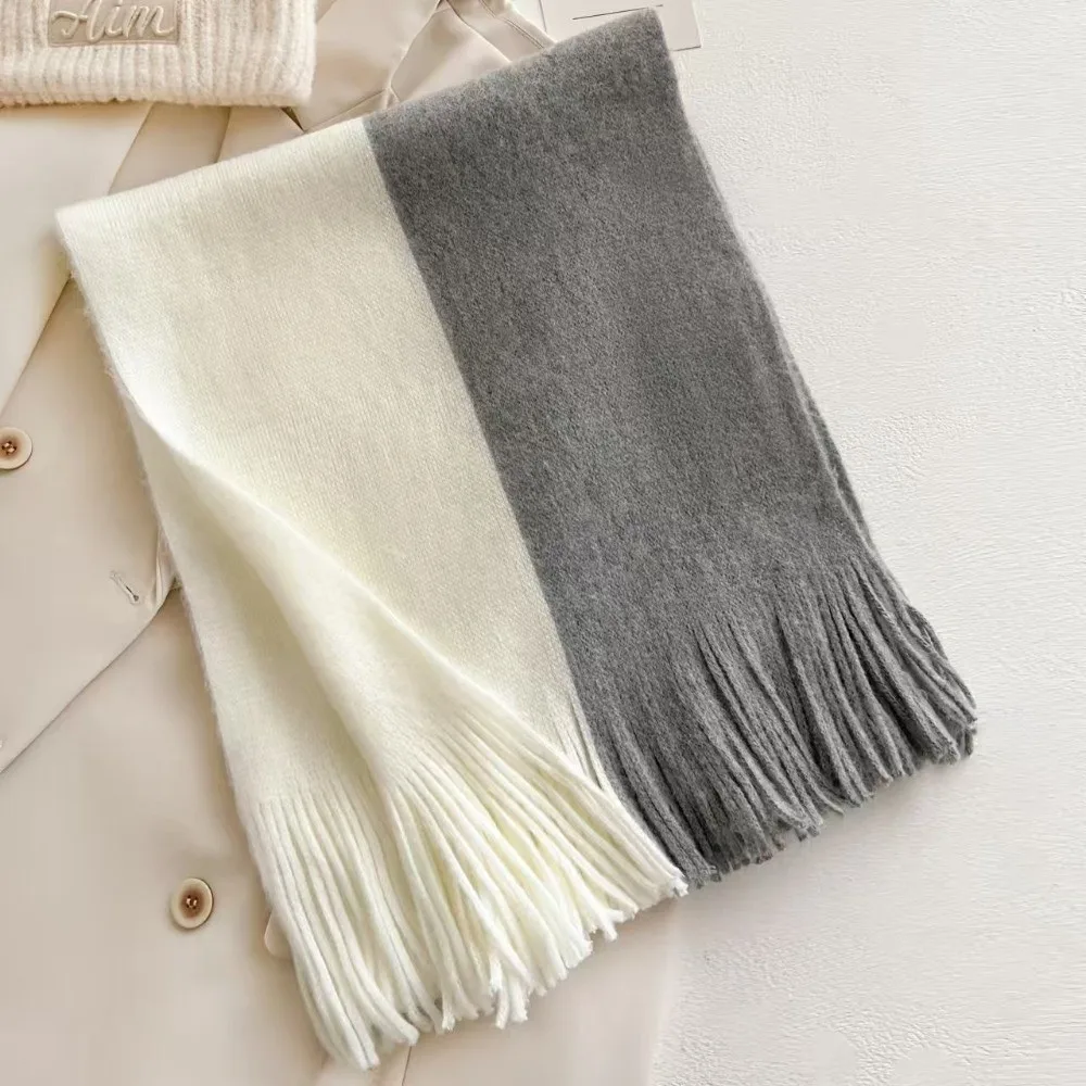 

Korean Style Women Cashmere Scarf Windproof Splicing Color Long Wool Tassel Scarf Soft Warm Winter Neckerchief Women/Male