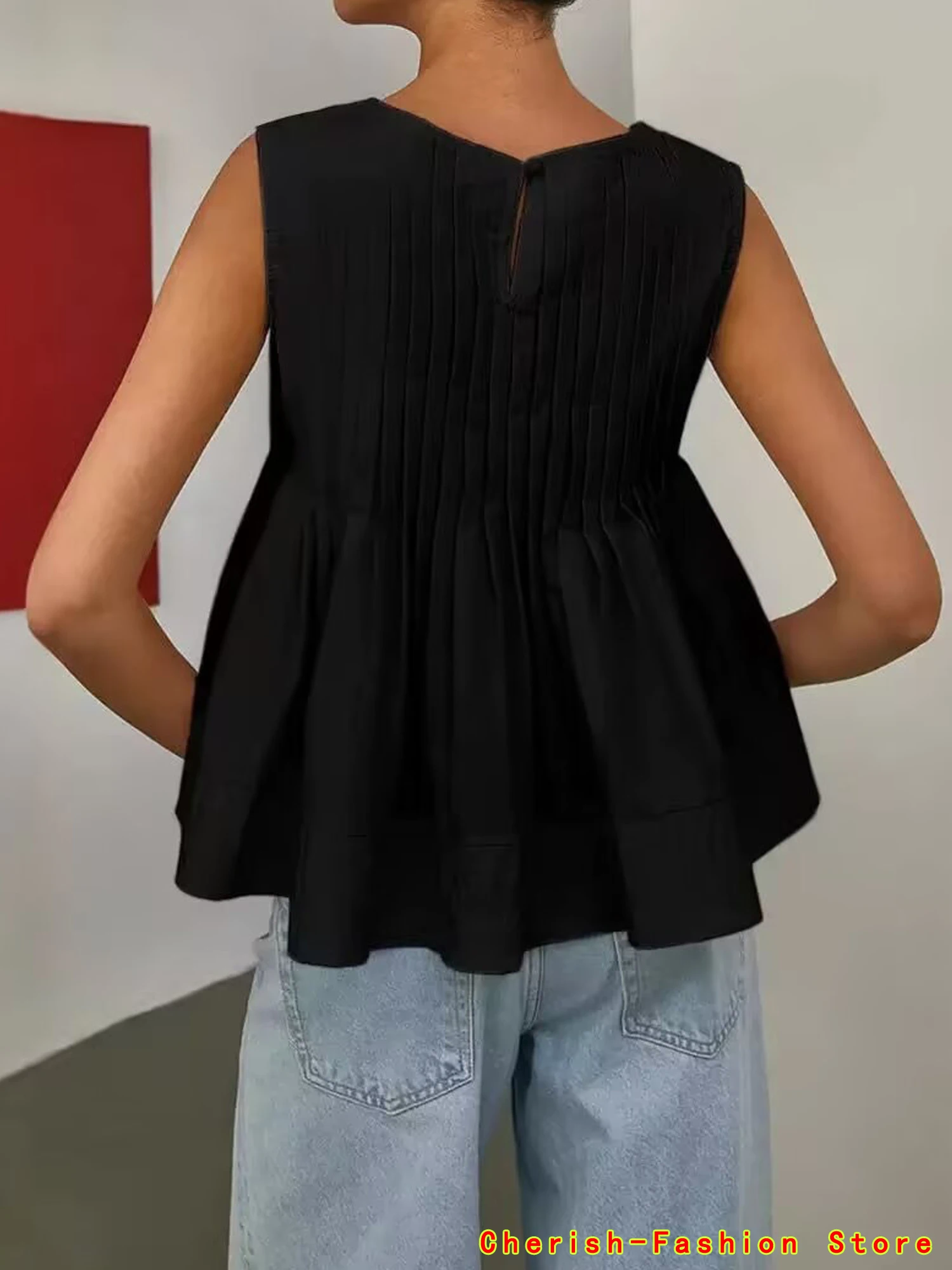 Zomer Nieuw Ontwerp Zoete Pure Kleur Geplooid Mouwloos Pop Shirt Vest Top Dames Koreaanse Sle Straight Cut Pendelmode Geel