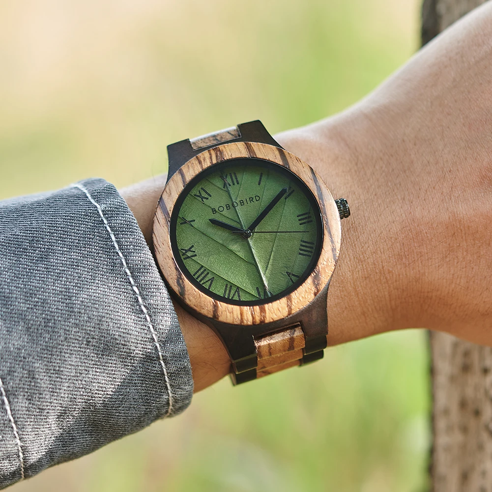 BOBO BIRD Wood Watch Geniune Leaf Dial Men\'s Quartz Wristwatches With Gifts Box Wooden Timepieces Reloj Hombre Dropshipping