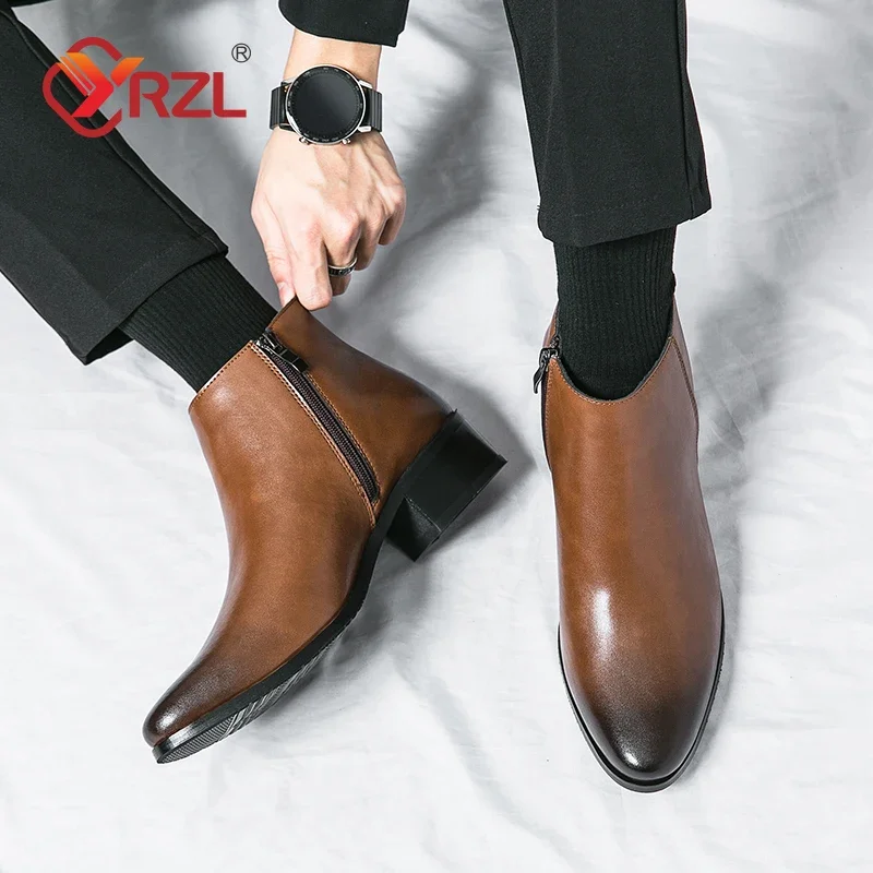 YRZL Men\'s Boots England Style Chelsea Boots Casual Pointed Toe Ankle Male Brown High Topt Leather Shoes Men Winter Boots 2024