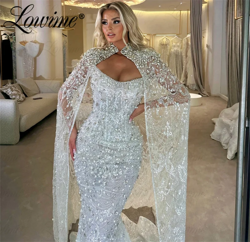 White Cape Sleeves Elegant Evening Dress Dubai Arabic Pearls Crystals Mermaid Prom Dress 2024 Party Celebrity Dresses Customized