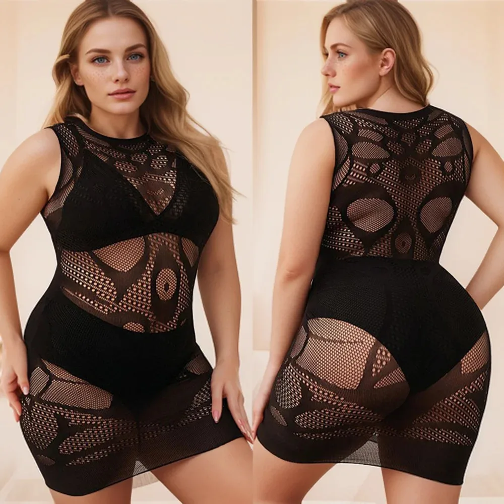 Black Round Neck Bodycon Dress Hollow Out See Through High Stretch Underwear Fishnet Short Net Skirt Midnight Sexy Hip Dress