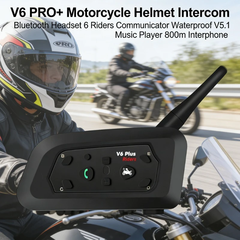 Intercomunicador para Motocicleta V6 PRO+ para 6 Personas, Auriculares Bluetooth para Casco, Impermeables, V5.1, 800m, Reproductor de Música, Interfono
