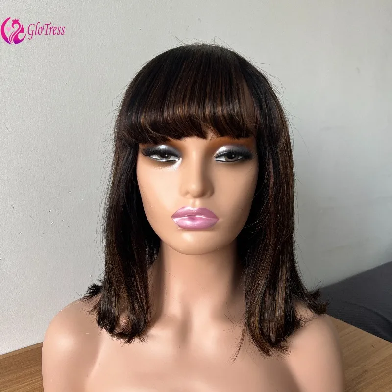 

Highlight Human Hair Color 1B30 Layered Glueless Bone Straight Bob Wigs with Bangs for Women 6-16'' 180% Density Remy Hair Wig