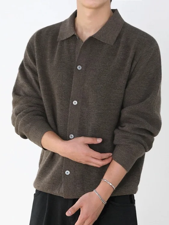 American Vintage Knitted Open Cardigan Men's  Collar Button Jacket Yarn Shirt Thin Outerwear Slim Fit Long Sleeve Youth F...