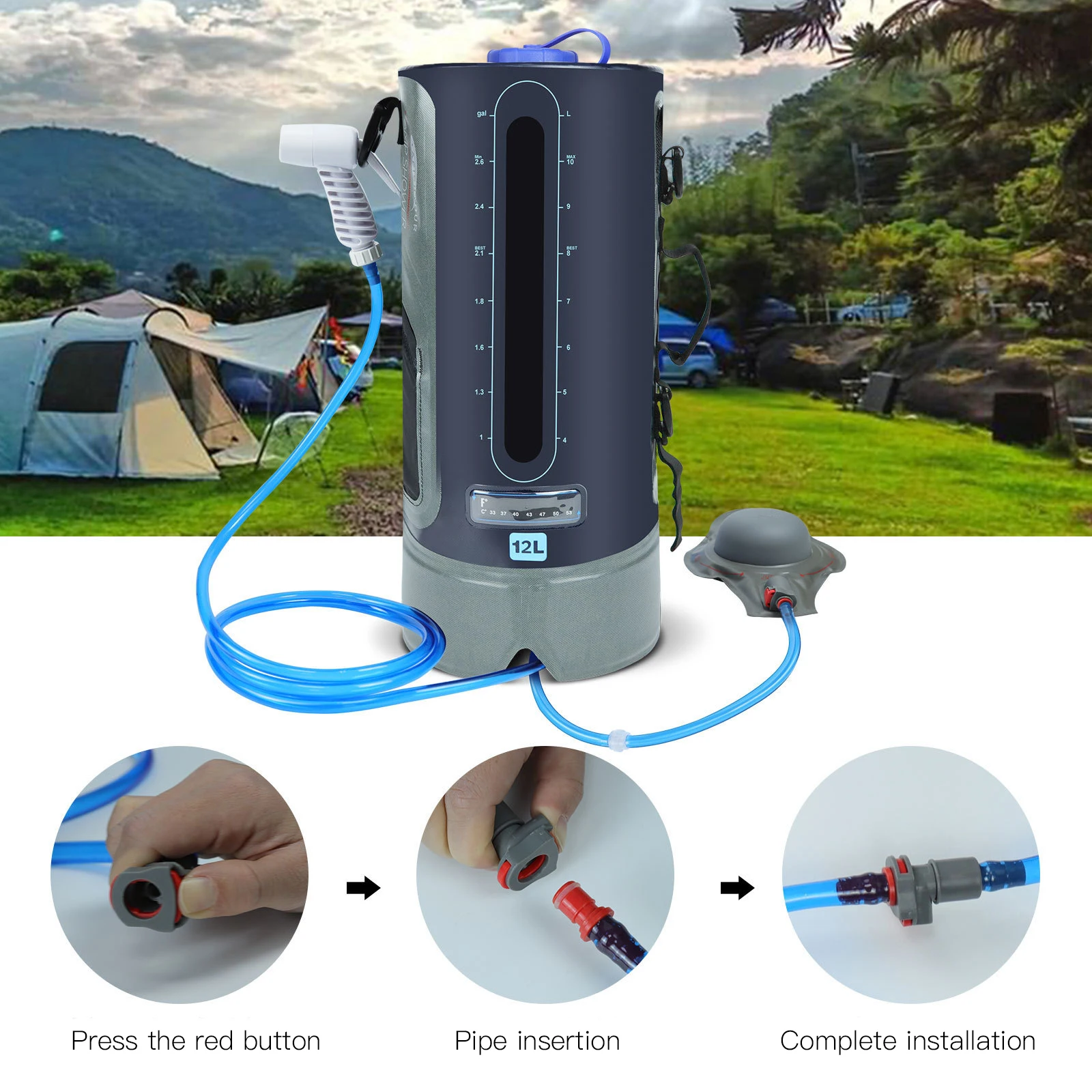 

Camping Shower 12L 3 Gallons Portable Pressure Camping Shower Bag Screw Lid Pressure Foot Pump and Shower Nozzle